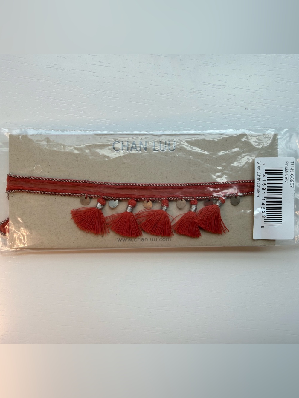 CHAN LUU Crimson Red Silver Tassel Choker Necklace with Coin Accents